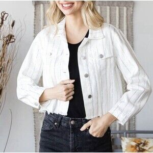Veveret Cropped White Denim Jacket Rainbow Rhinestone Stripes Raw Hem Size Small